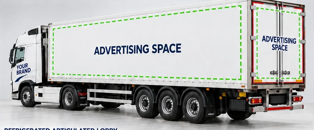 Refrigerated tractor and trailer showing advertising media on rear and side while retaining cab branding