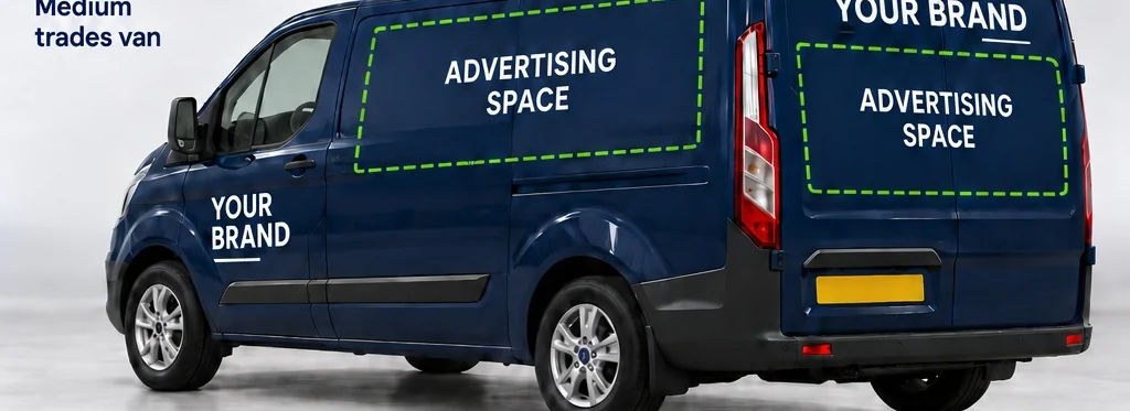 Commercial van viewed from rear-side showing advertised side and rear body positions and separate cab branding